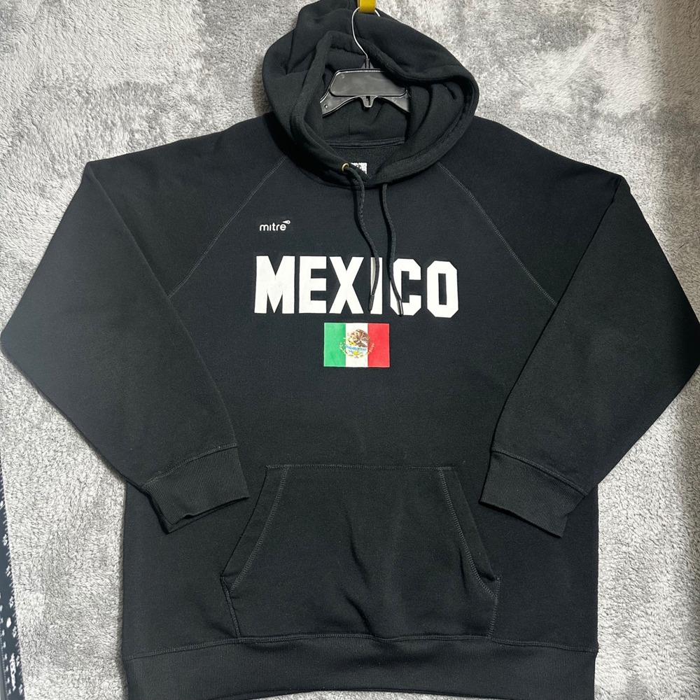 Mitre Mexico Hoodie Mens 2XL Black Raglan Sleeve Fleece‎ Pullover Graphic Flag